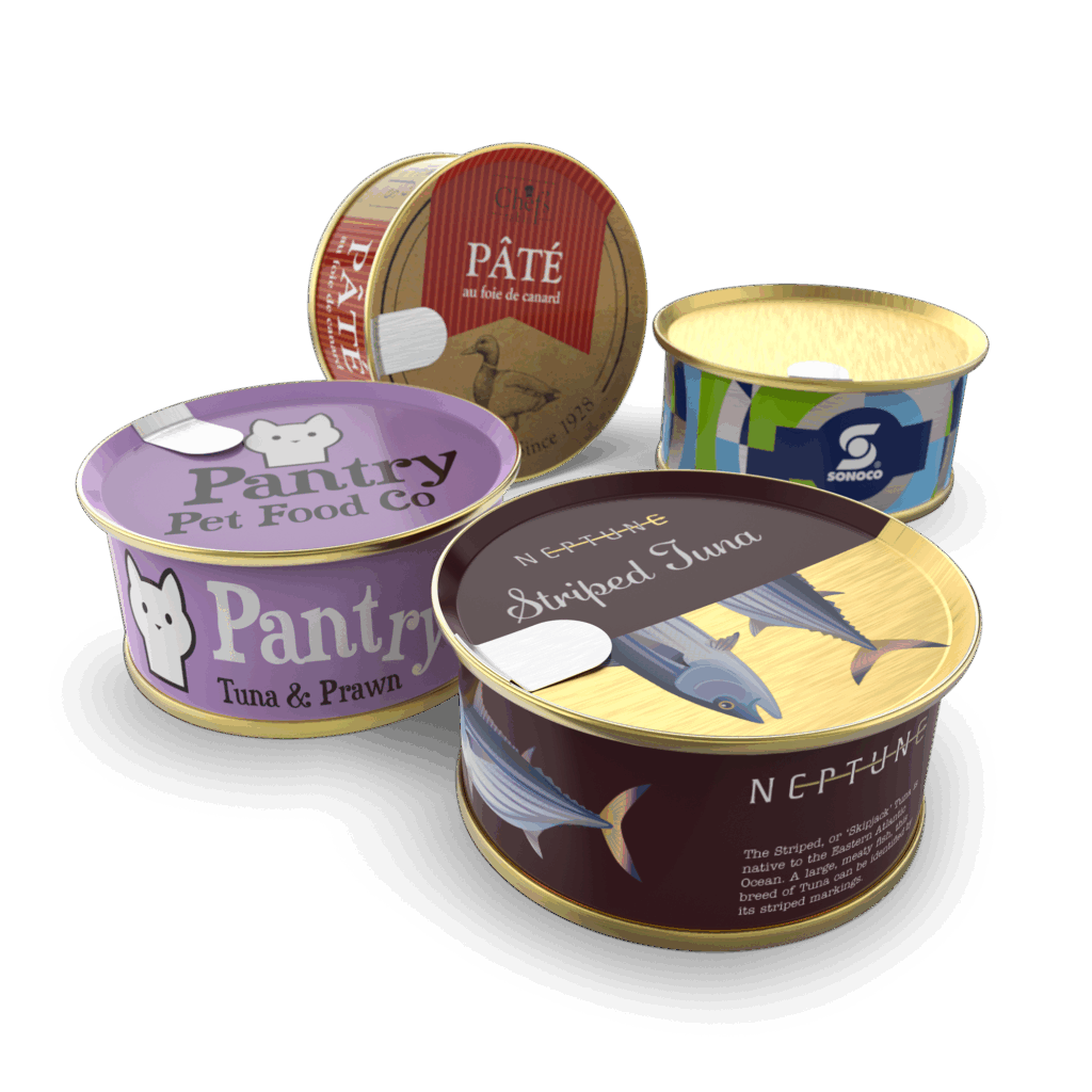 food can with easy peel off seeled directly to the body of the can with customised design