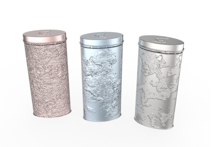 Heritage metal packaging sample with embossed textures and crafted finishes