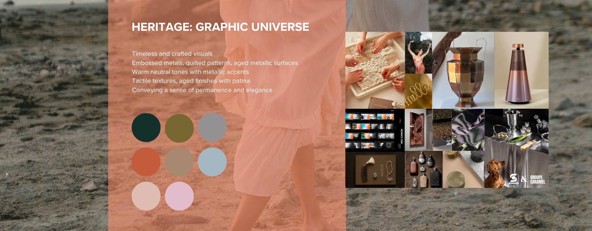 Heritage packaging trend moodboard with metallic textures and warm neutral colours