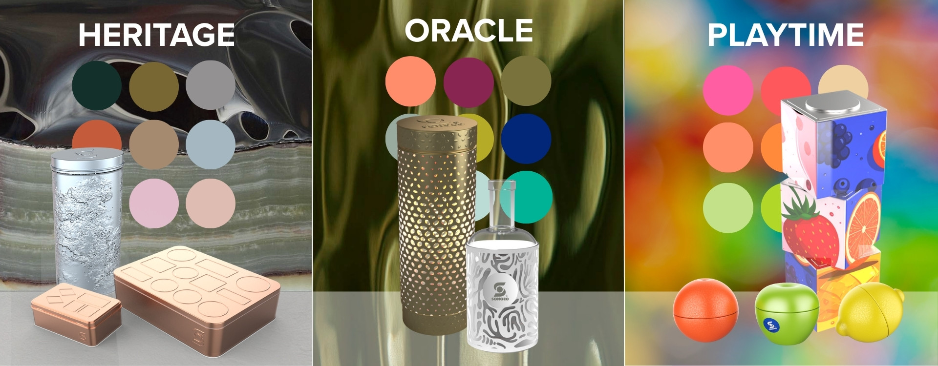 Packaging trends Heritage, Oracle, and Playtime with colour palettes and packaging samples