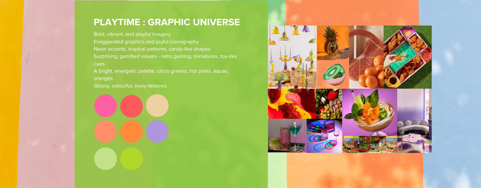 Platime packaging trend moodboard with tactile textures and bright colours